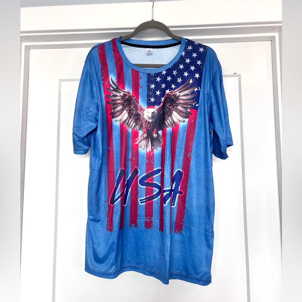 USA American Flag Bald Eagle 4th of July Light Blue Stretch Silky T-Shirt Sz XL